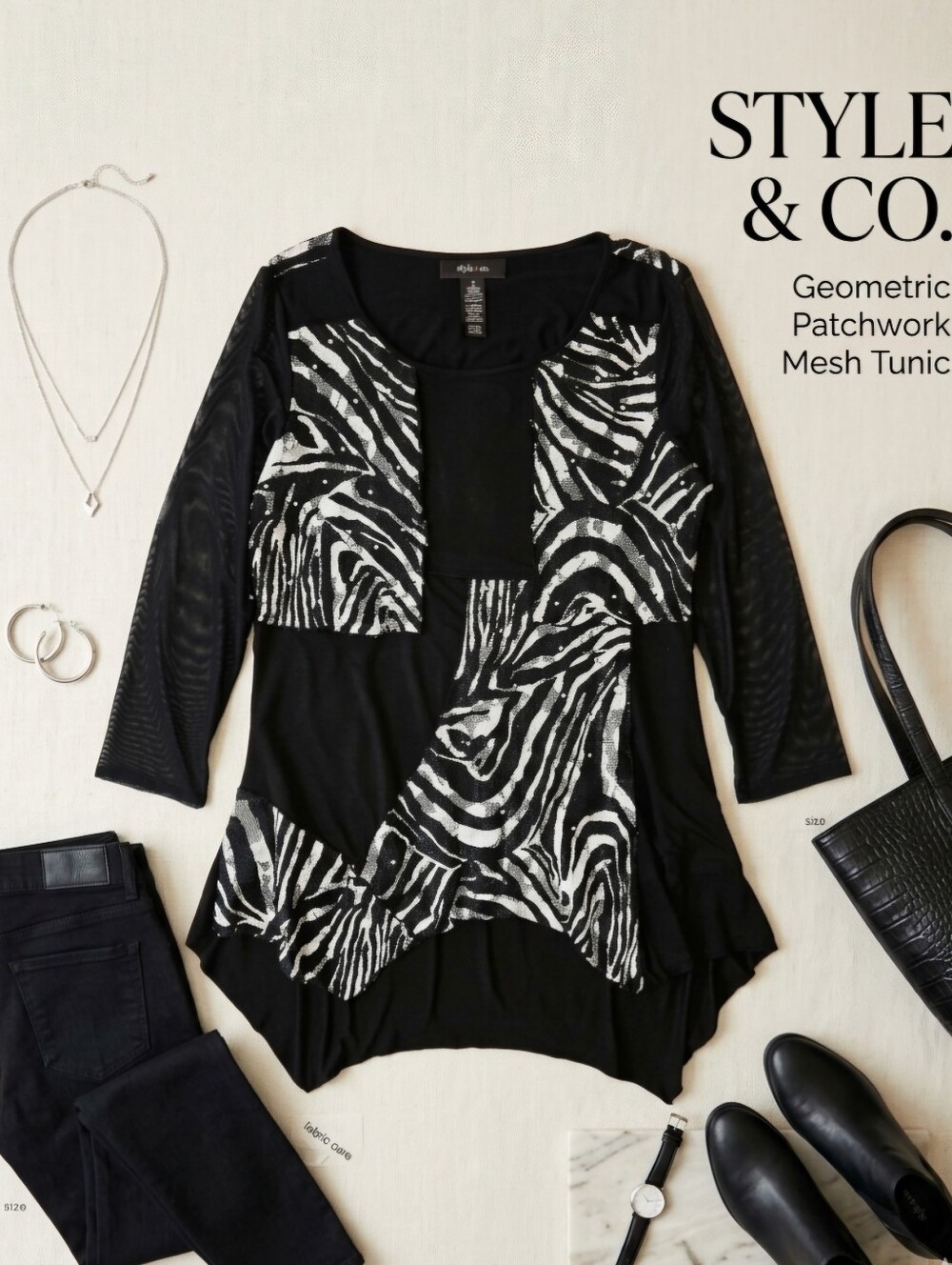 Style & Co. Women's Black Mesh Sleeve Tunic Top Zebra Print Asymmetric Hem S